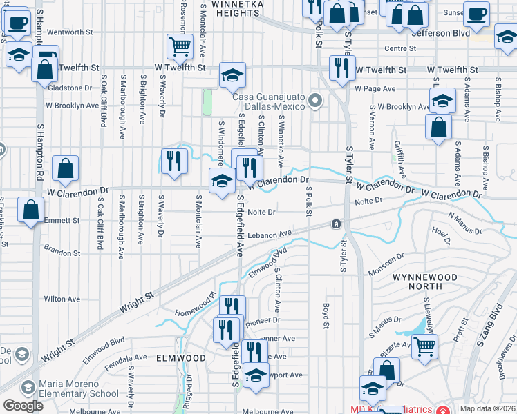 map of restaurants, bars, coffee shops, grocery stores, and more near 1307 Nolte Drive in Dallas
