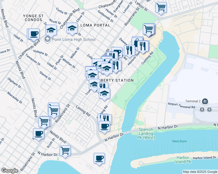 map of restaurants, bars, coffee shops, grocery stores, and more near 2305 Historic Decatur Road in San Diego