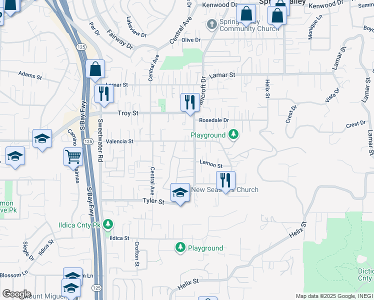 map of restaurants, bars, coffee shops, grocery stores, and more near 8937 Valencia Street in Spring Valley