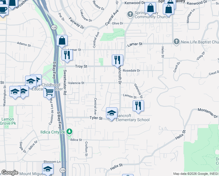 map of restaurants, bars, coffee shops, grocery stores, and more near 8937 Valencia Street in Spring Valley