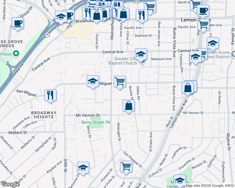 map of restaurants, bars, coffee shops, grocery stores, and more near 2641 Balkis Lane in Lemon Grove