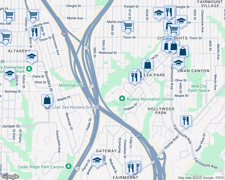 map of restaurants, bars, coffee shops, grocery stores, and more near 3978 Manzanita Drive in San Diego
