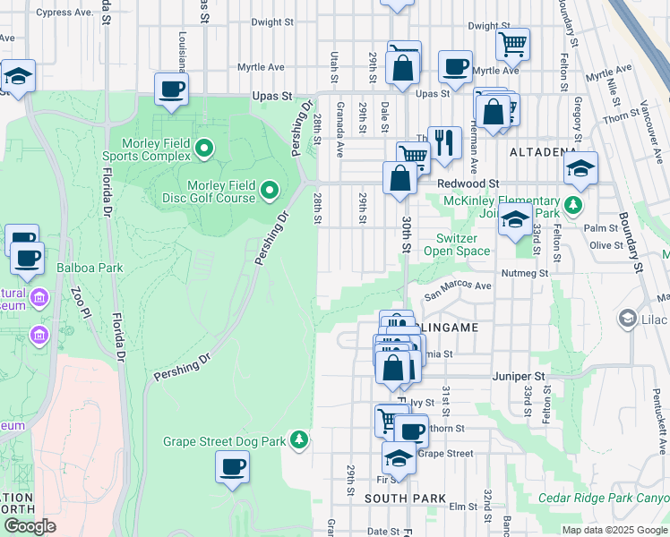 map of restaurants, bars, coffee shops, grocery stores, and more near 2737 28th Street in San Diego