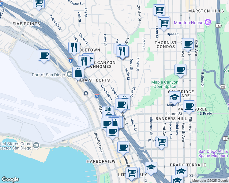map of restaurants, bars, coffee shops, grocery stores, and more near 2839 State Street in San Diego