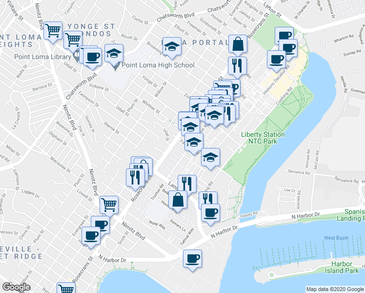 map of restaurants, bars, coffee shops, grocery stores, and more near 2999 Farragut Road in San Diego
