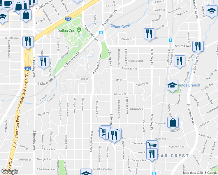 map of restaurants, bars, coffee shops, grocery stores, and more near 1214 South Ewing Avenue in Dallas
