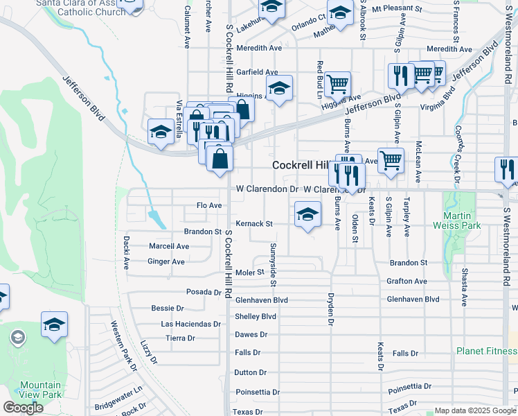 map of restaurants, bars, coffee shops, grocery stores, and more near 1111 Sunnyside Street in Dallas