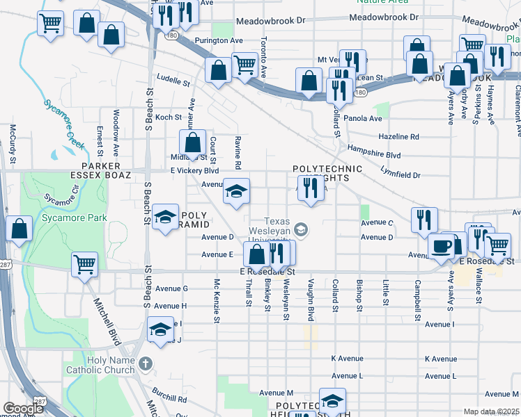map of restaurants, bars, coffee shops, grocery stores, and more near 2919 Avenue B in Fort Worth