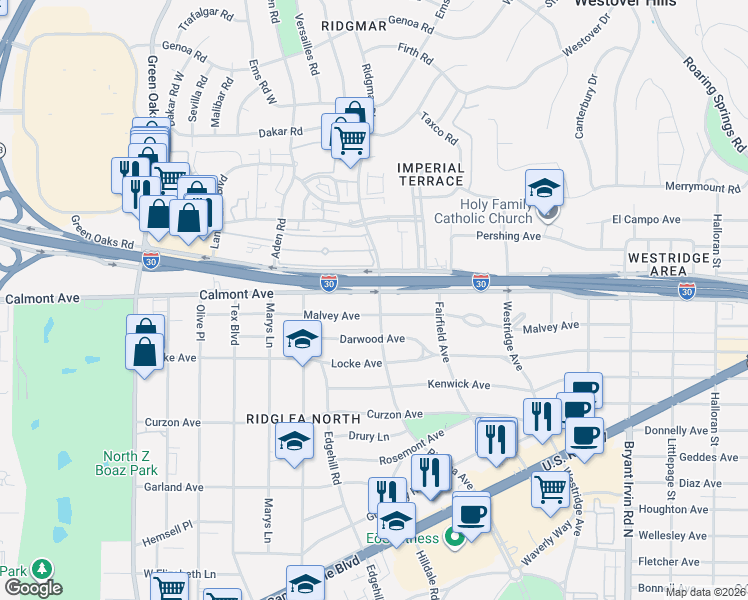 map of restaurants, bars, coffee shops, grocery stores, and more near 6413 Calmont Avenue in Fort Worth
