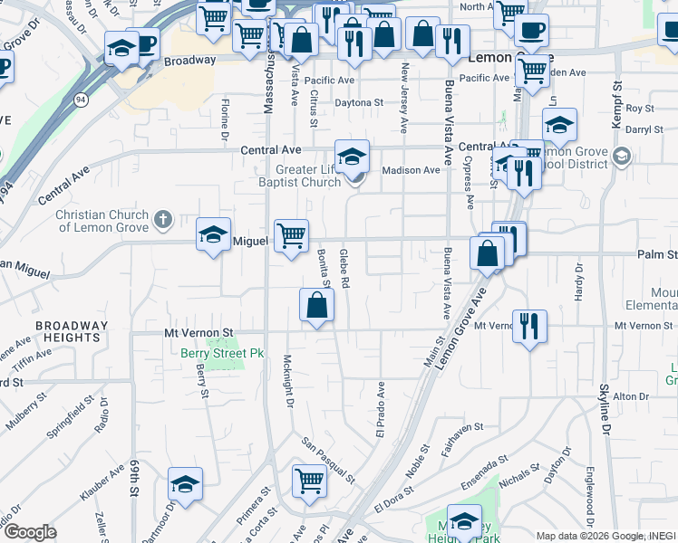 map of restaurants, bars, coffee shops, grocery stores, and more near 2542 Glebe Road in Lemon Grove