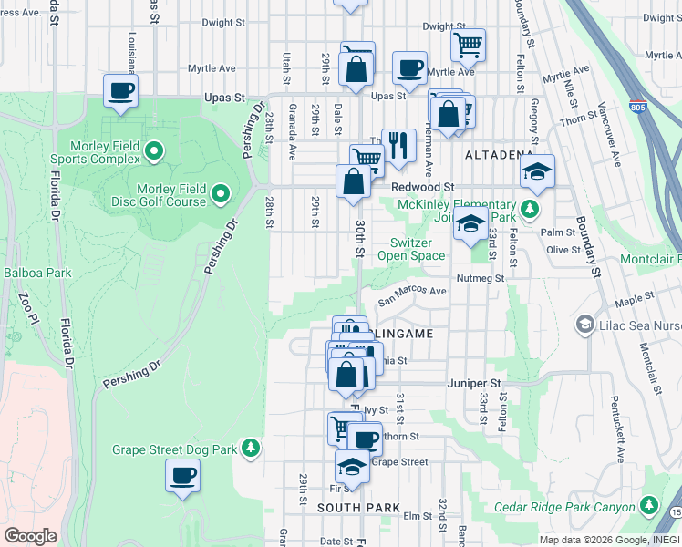 map of restaurants, bars, coffee shops, grocery stores, and more near 2950 Nutmeg Street in San Diego