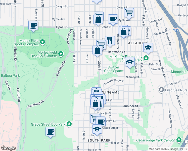 map of restaurants, bars, coffee shops, grocery stores, and more near 2950 Nutmeg Street in San Diego