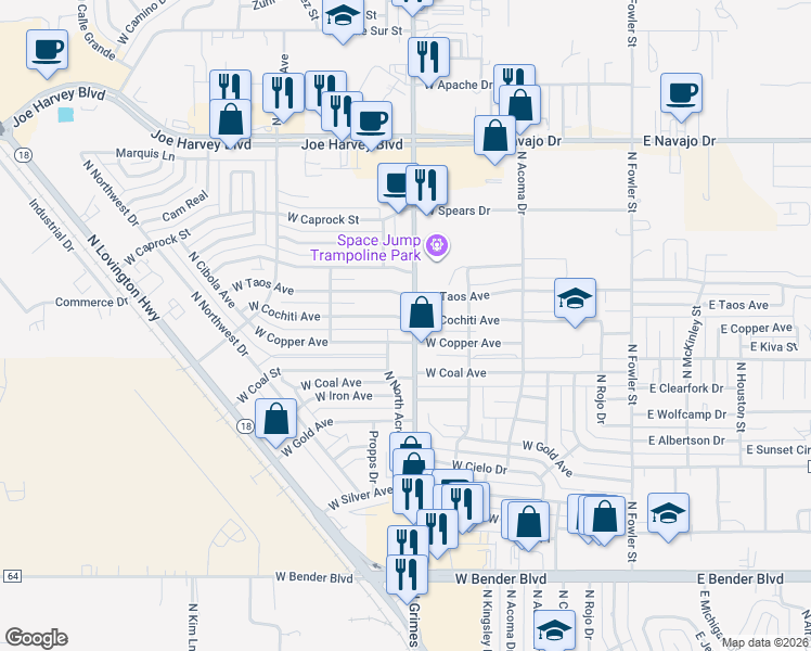 map of restaurants, bars, coffee shops, grocery stores, and more near 3130 North Grimes Street in Hobbs