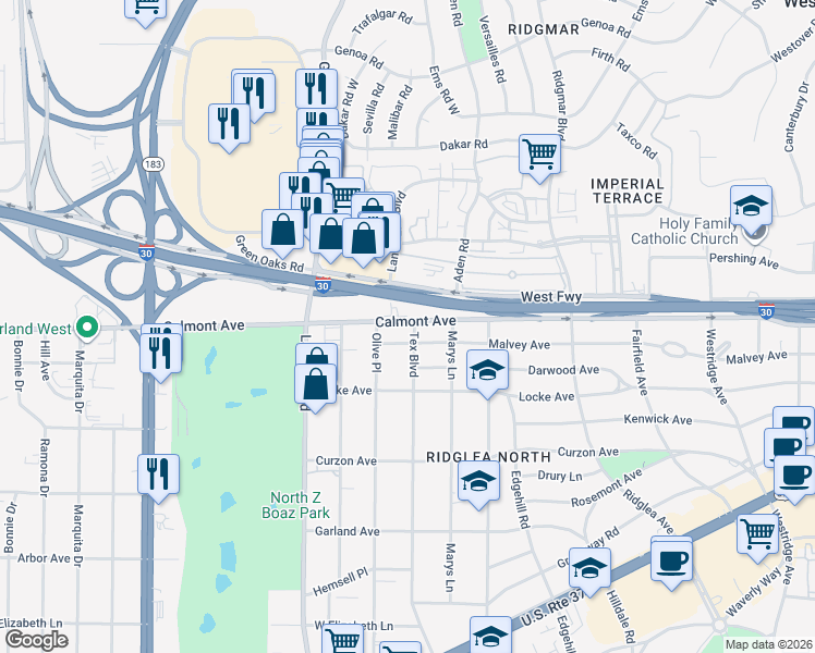 map of restaurants, bars, coffee shops, grocery stores, and more near 6600 Calmont Avenue in Fort Worth