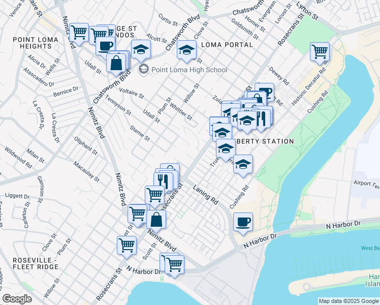 map of restaurants, bars, coffee shops, grocery stores, and more near 3040 Tennyson Street in San Diego
