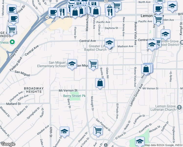 map of restaurants, bars, coffee shops, grocery stores, and more near 7231-33 Balkis Lane in Lemon Grove
