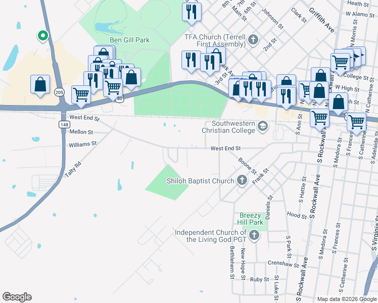 map of restaurants, bars, coffee shops, grocery stores, and more near 706 West End Street in Terrell