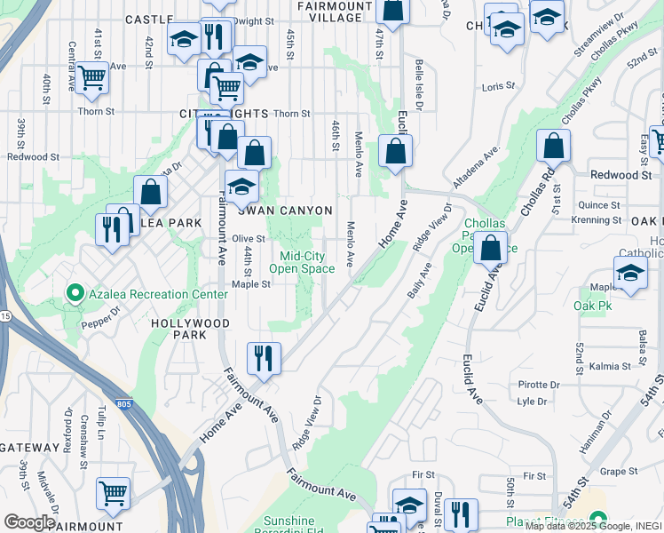 map of restaurants, bars, coffee shops, grocery stores, and more near 2641 46th Street in San Diego