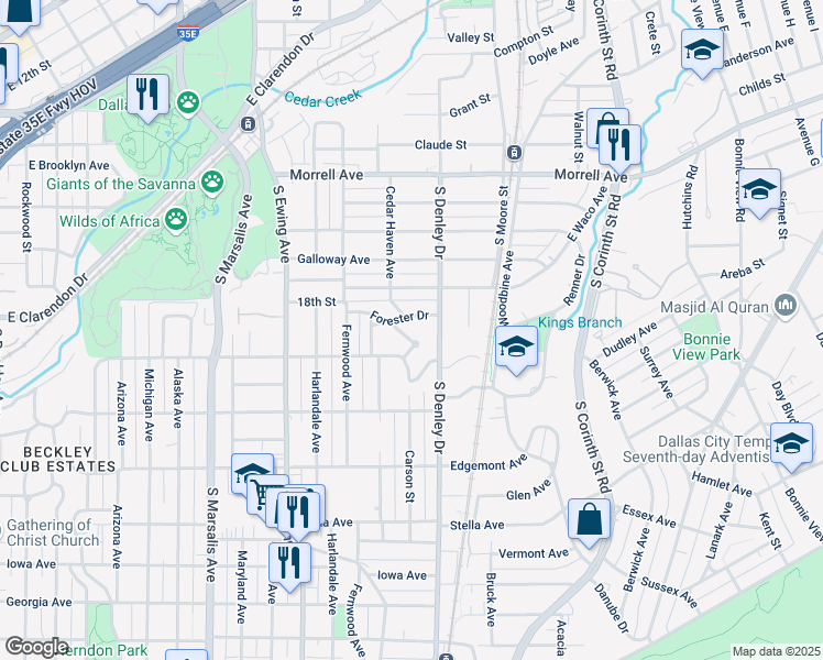 map of restaurants, bars, coffee shops, grocery stores, and more near 1131 Forester Drive in Dallas