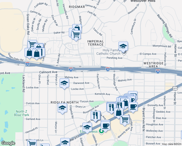 map of restaurants, bars, coffee shops, grocery stores, and more near 6337 Calmont Avenue in Fort Worth