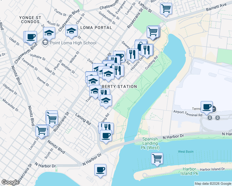 map of restaurants, bars, coffee shops, grocery stores, and more near 2305 Historic Decatur Road in San Diego