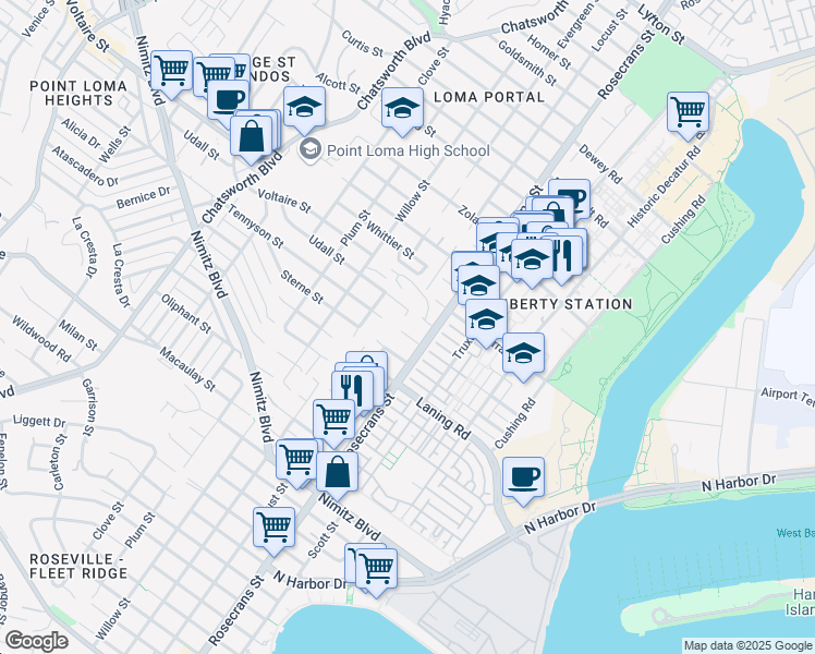 map of restaurants, bars, coffee shops, grocery stores, and more near 3040 Tennyson Street in San Diego