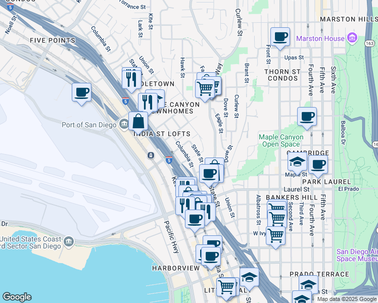 map of restaurants, bars, coffee shops, grocery stores, and more near 2831 Columbia Street in San Diego