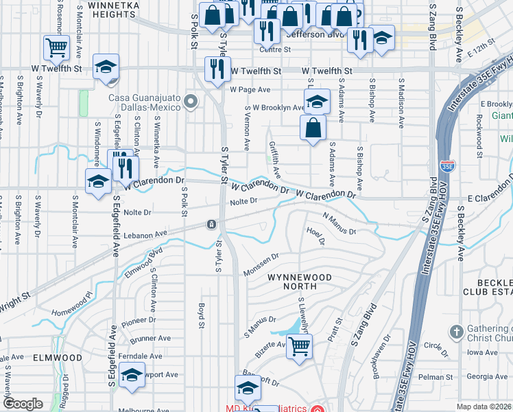 map of restaurants, bars, coffee shops, grocery stores, and more near 739 Nolte Drive in Dallas