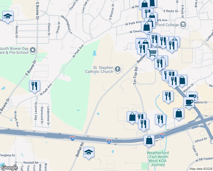 map of restaurants, bars, coffee shops, grocery stores, and more near 1930 Bethel Road in Weatherford