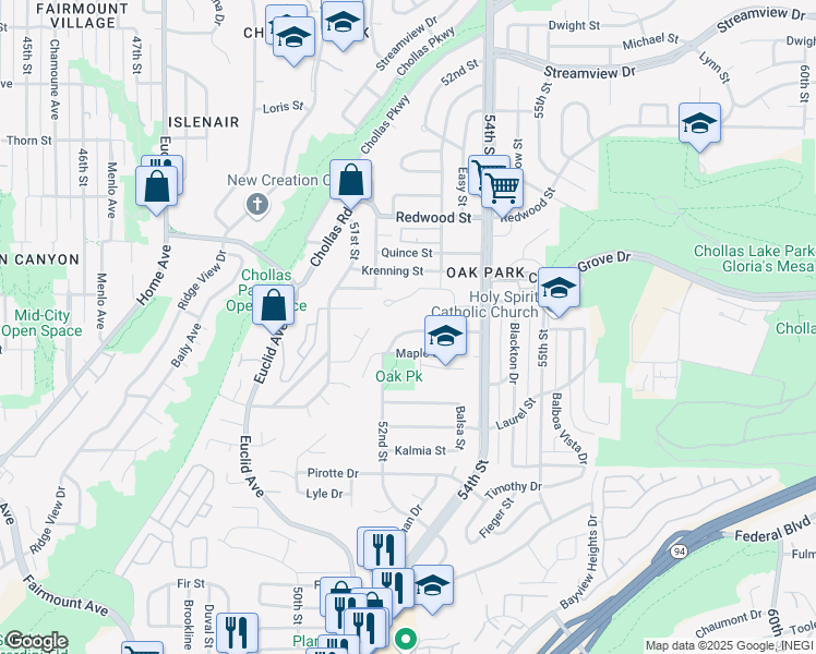 map of restaurants, bars, coffee shops, grocery stores, and more near 5230 Nutmeg Street in San Diego