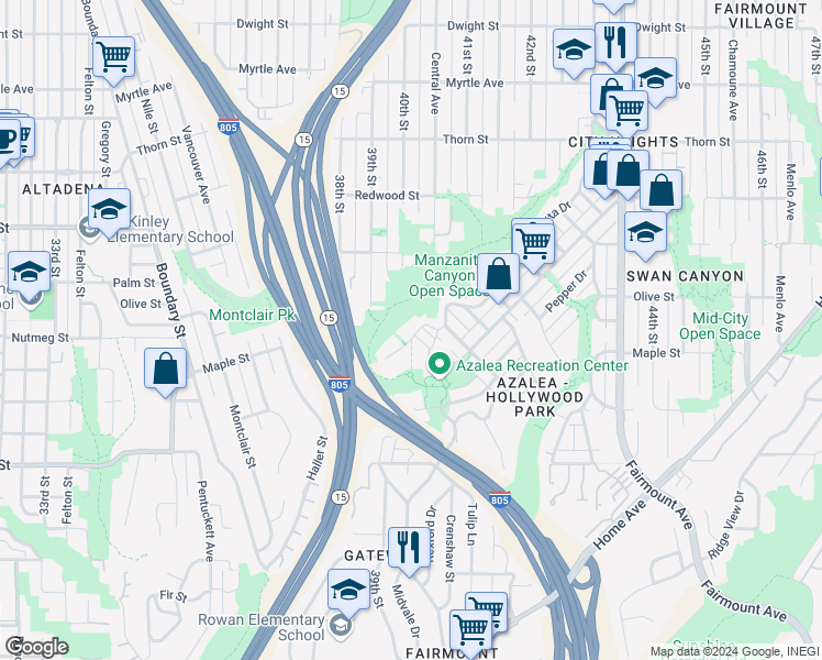 map of restaurants, bars, coffee shops, grocery stores, and more near 3978 Manzanita Drive in San Diego
