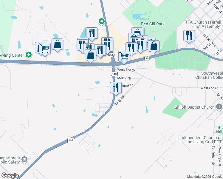 map of restaurants, bars, coffee shops, grocery stores, and more near 300 Farm to Market Road 148 in Terrell