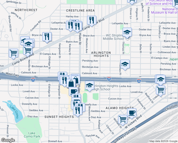 map of restaurants, bars, coffee shops, grocery stores, and more near 4501 Birchman Avenue in Fort Worth