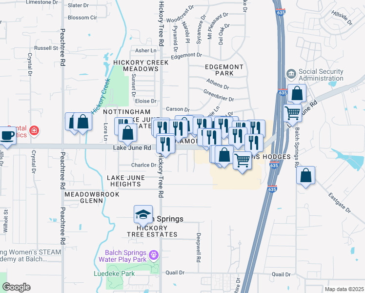 map of restaurants, bars, coffee shops, grocery stores, and more near 11939 Lake June Road in Balch Springs