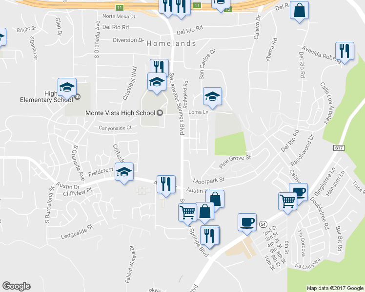 map of restaurants, bars, coffee shops, grocery stores, and more near 3115 Sweetwater Springs Boulevard in Spring Valley