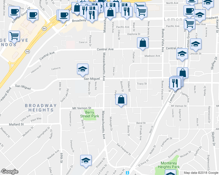 map of restaurants, bars, coffee shops, grocery stores, and more near 2641 Balkis Lane in Lemon Grove
