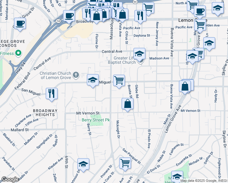 map of restaurants, bars, coffee shops, grocery stores, and more near 2641 Balkis Lane in Lemon Grove