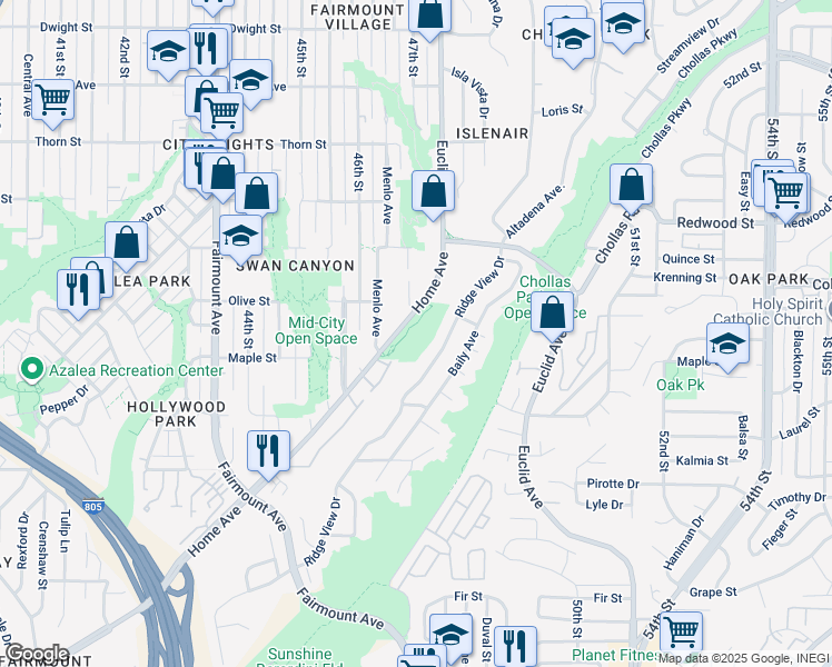 map of restaurants, bars, coffee shops, grocery stores, and more near 4639 Home Avenue in San Diego