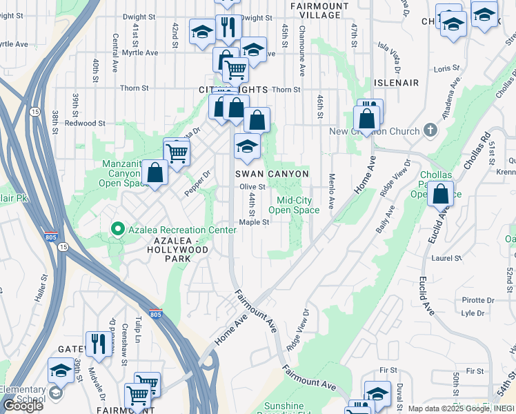 map of restaurants, bars, coffee shops, grocery stores, and more near 2714 Highland Avenue in San Diego
