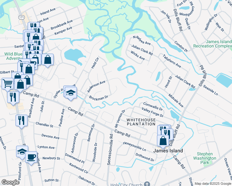 map of restaurants, bars, coffee shops, grocery stores, and more near 4 South Held Circle in Charleston