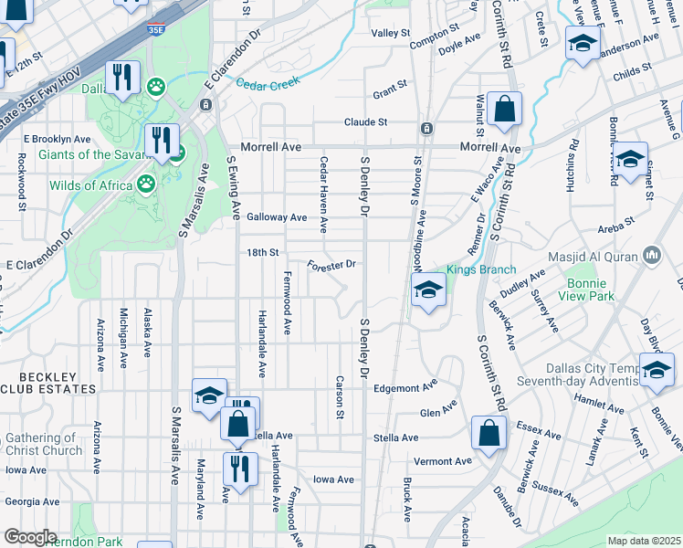 map of restaurants, bars, coffee shops, grocery stores, and more near 1131 Forester Drive in Dallas