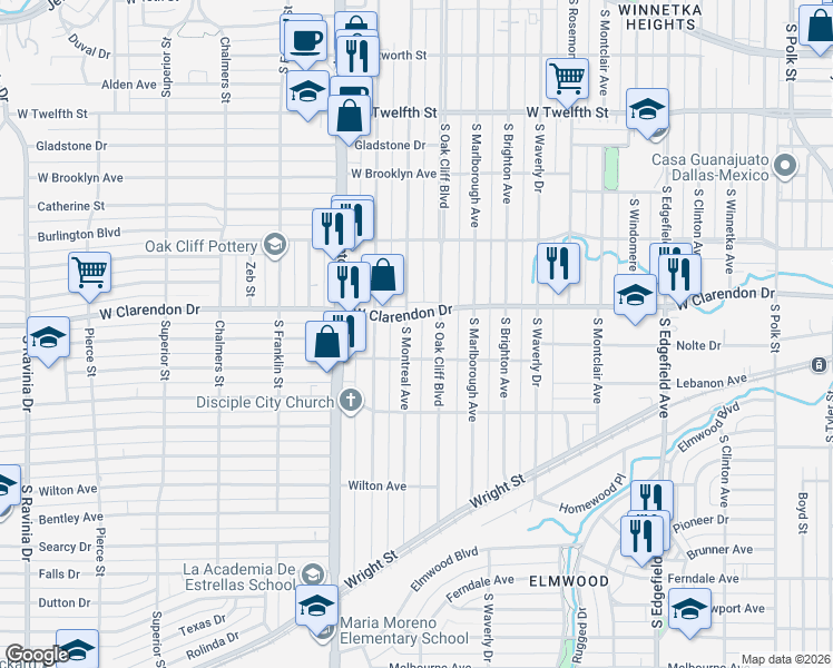 map of restaurants, bars, coffee shops, grocery stores, and more near 1109 South Oak Cliff Boulevard in Dallas