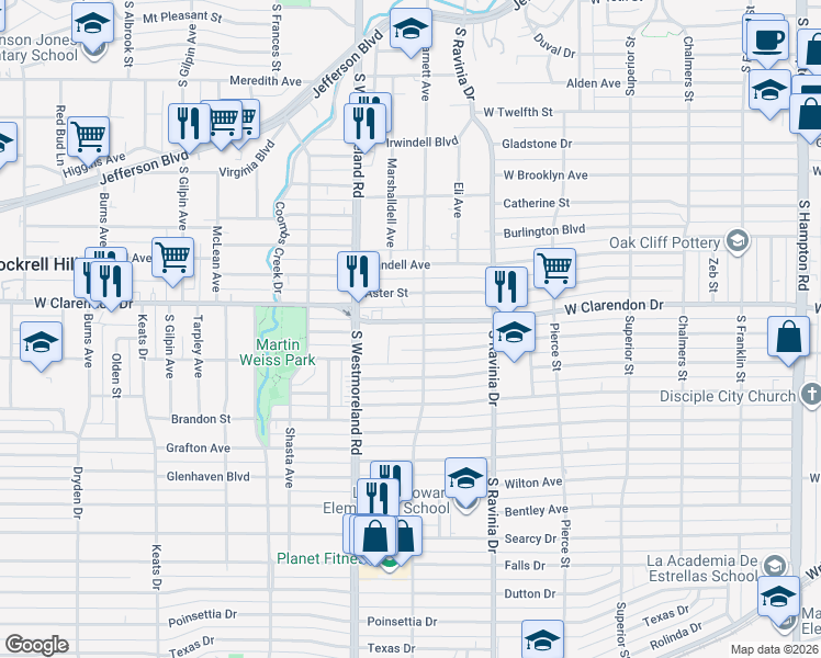 map of restaurants, bars, coffee shops, grocery stores, and more near 3031 West Clarendon Drive in Dallas