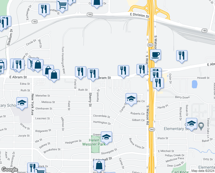 map of restaurants, bars, coffee shops, grocery stores, and more near 2 Roberts Circle in Arlington