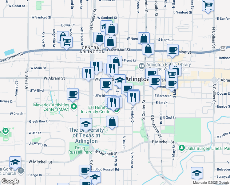 map of restaurants, bars, coffee shops, grocery stores, and more near 300 South West Street in Arlington