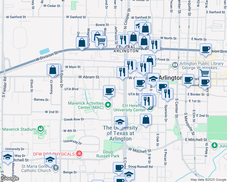map of restaurants, bars, coffee shops, grocery stores, and more near 715 Border Place in Arlington