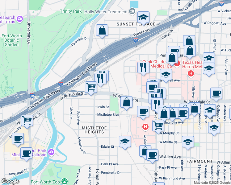 map of restaurants, bars, coffee shops, grocery stores, and more near 2120 West Rosedale Street in Fort Worth