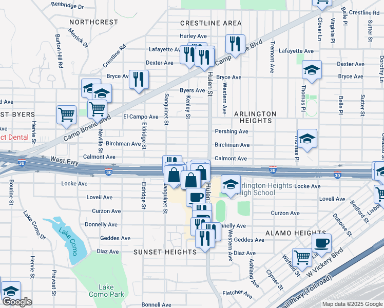 map of restaurants, bars, coffee shops, grocery stores, and more near 4629 Birchman Avenue in Fort Worth