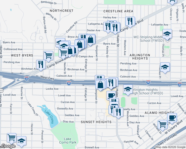 map of restaurants, bars, coffee shops, grocery stores, and more near 4815 Birchman Avenue in Fort Worth