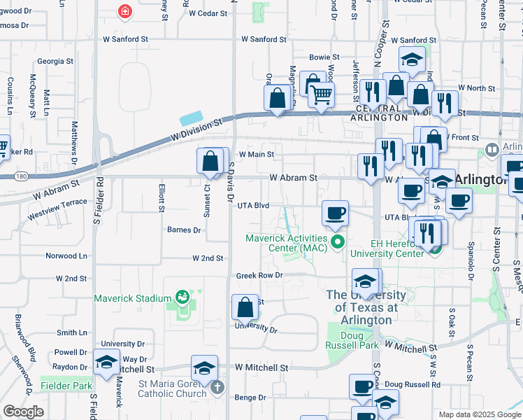 map of restaurants, bars, coffee shops, grocery stores, and more near 419 Summit Avenue in Arlington